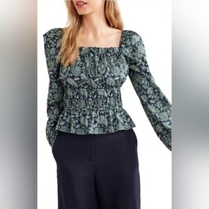 Boden Ruched Waist Peplum Paisley Smocked Blouse - Blue and Green